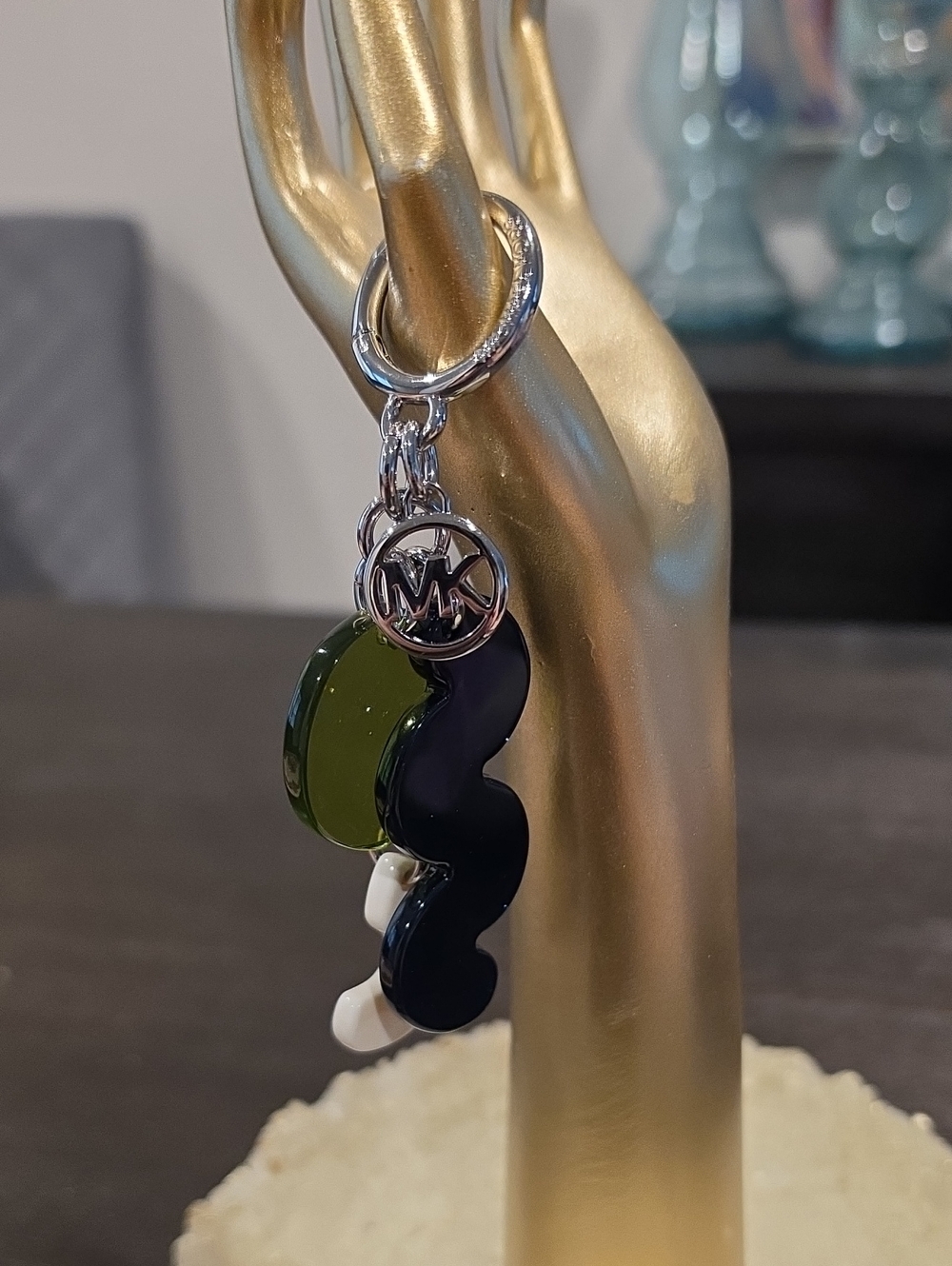 Michael Kors Olive Green, Black & White Acrylic Key Charm with Silver MK Logo
